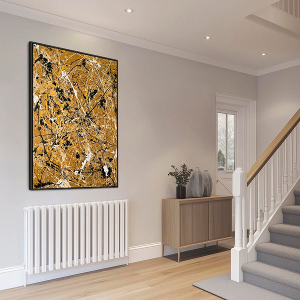 Mustard Yellow Abstract Framed Canvas Art Jackson Pollock Style