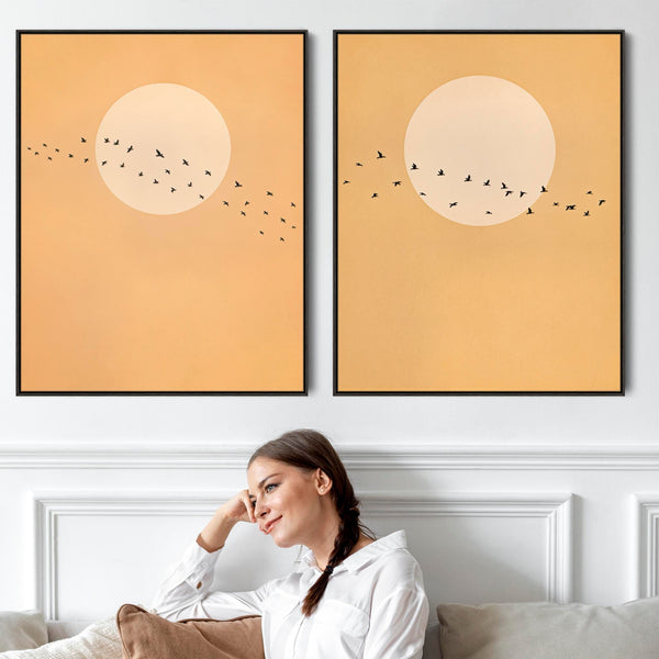 Japandi Framed Canvas Pictures Birds Moon Framed Set of 2