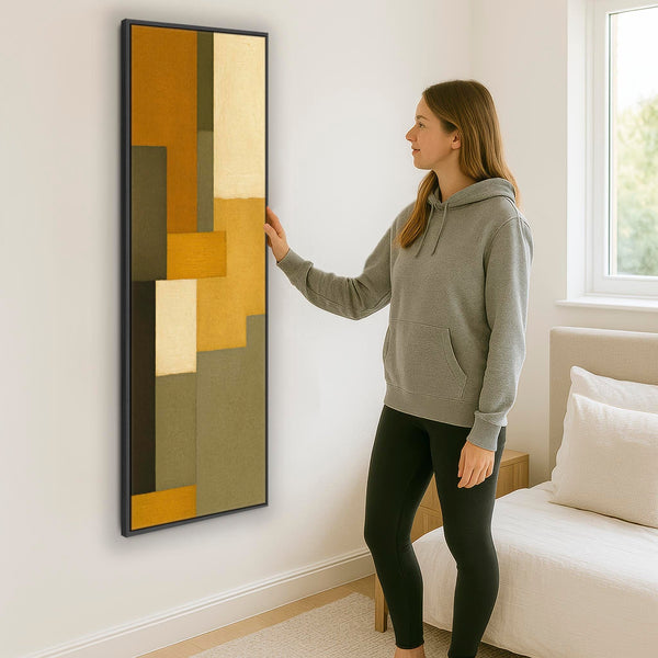 Tall Mustard Green Narrow Framed Canvas Abstract - Earthy Tones