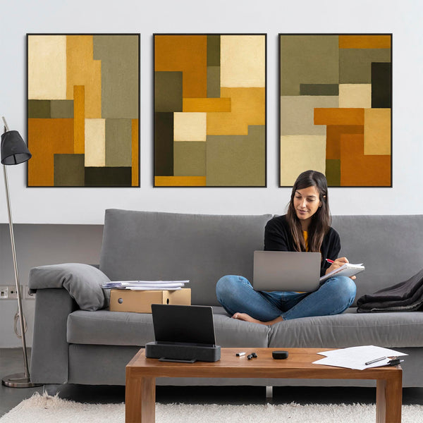 Mustard Green Set of 3 Framed Canvas Abstract - Earthy Warmth