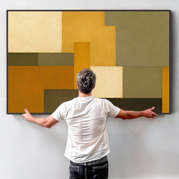 Extra Large Mustard Green Abstract Framed Canvas Artwork - Autumn Forest