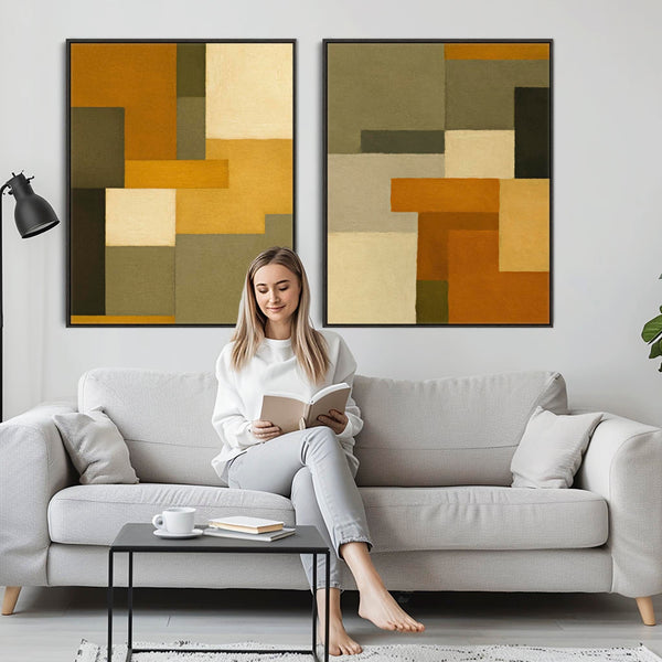 Large Mustard Green Pair of Abstract Framed Canvas Set of 2 - Cozy Earth