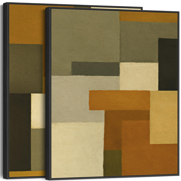 Large Mustard Green Pair of Abstract Framed Canvas Set of 2 - Cozy Earth