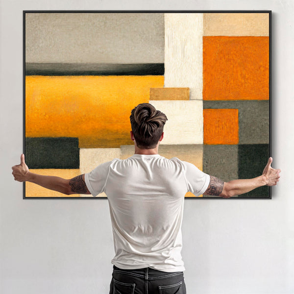 Large Mustard Yellow Orange Abstract Wall Art Framed - Ochre Balance
