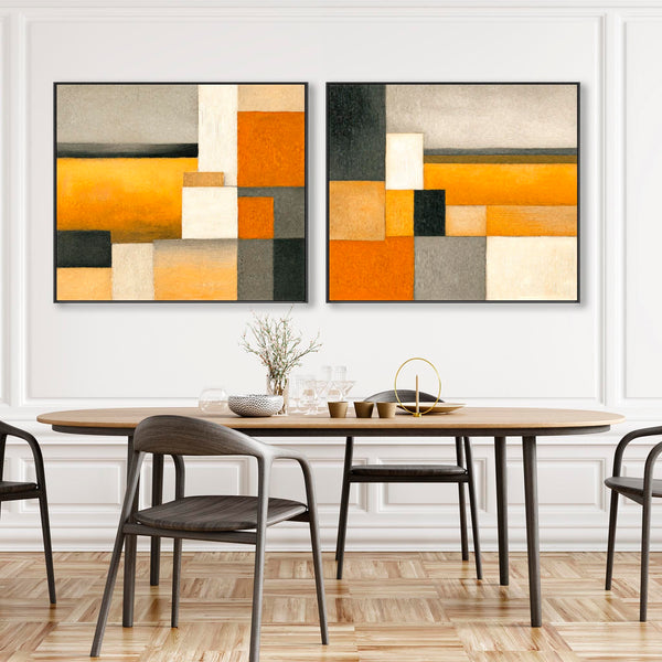 Extra Large Mustard Yellow Orange Pair of Abstract Artwork Framed Set of 2 - Ochre Symmetry