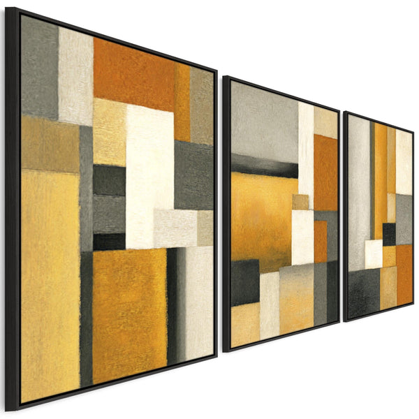 Set of 3 Mustard Yellow Orange Abstract Wall Art Framed - Geometric Warmth