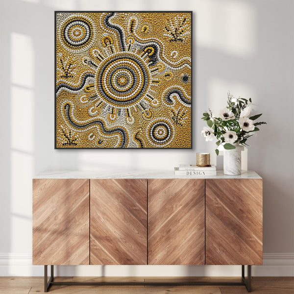Mustard Yellow Abstract Framed Aboriginal Canvas Artwork - Biralla