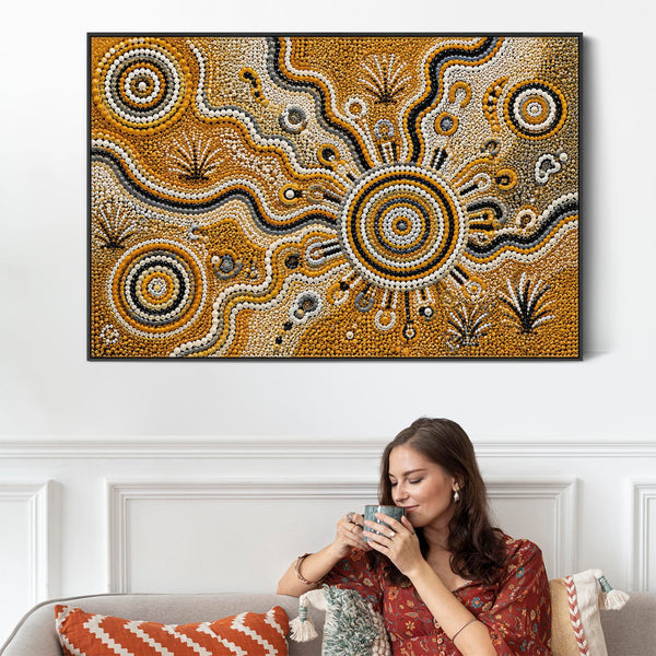 Mustard Yellow Abstract Framed Aboriginal Canvas Print - Kitarra