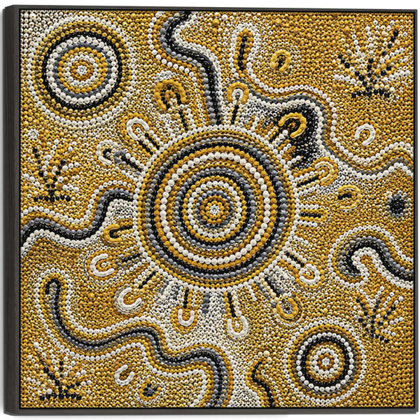 Mustard Yellow Abstract Framed Aboriginal Canvas Artwork - Biralla
