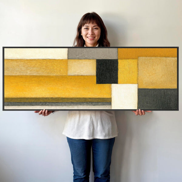 Wide Mustard Yellow Grey Framed Horizontal Canvas Wall Art - Abstract Steps