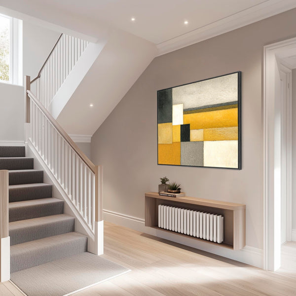 Extra Large Mustard Yellow Grey Abstract Framed Canvas Wall Art - Ochre Steps