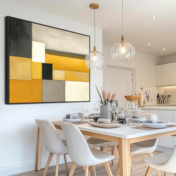 Extra Large Mustard Yellow Grey Abstract Framed Canvas Wall Art - Ochre Steps