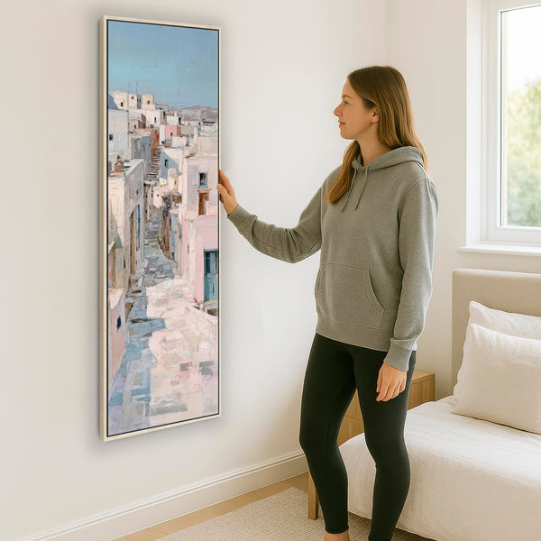 Tall Pastel Blue Cream Framed Wall Art Canvas Narrow Dusky Path