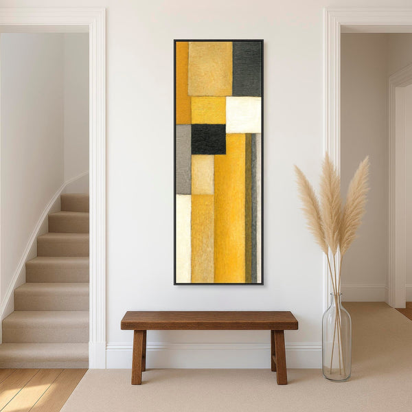 Upright Mustard Yellow Grey Vertical Framed Canvas Wall Art - Narrow Steps