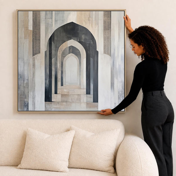 Neutral Beige Grey Framed Wall Art Canvas - Seville Alcazar