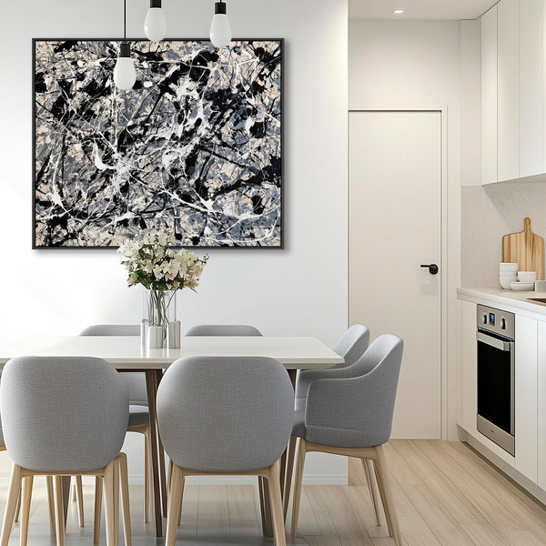 Neutral Beige Grey Jackson Pollock Style Framed Canvas - Swarm