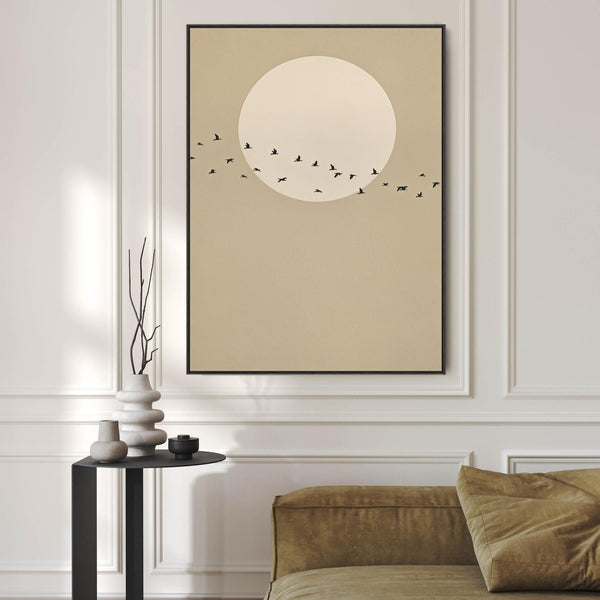 Neutral Beige Japandi Birds Framed Artwork on Canvas