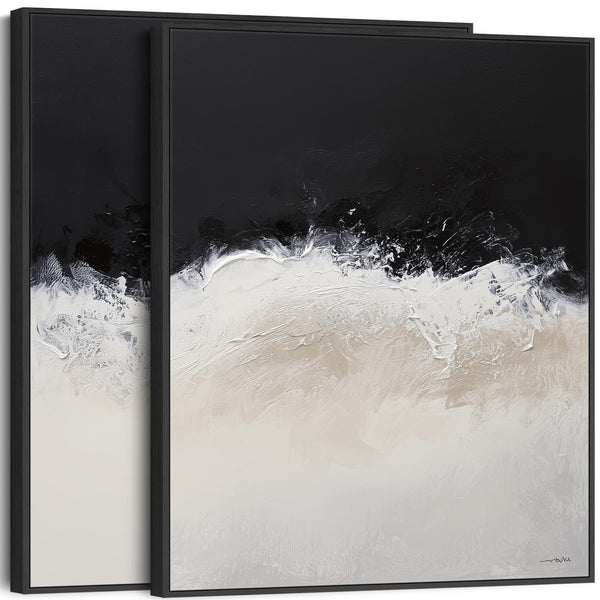Large Set 2 Cream Neutral Black Framed Wall Art Abstract Shores