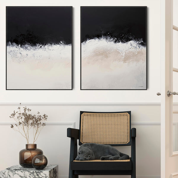 Large Set 2 Cream Neutral Black Framed Wall Art Abstract Shores