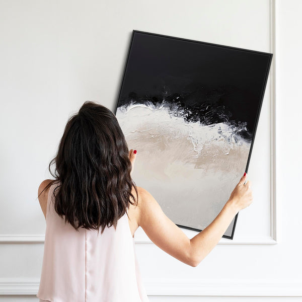 Cream Neutral Black Abstract Framed Wall Art Breaking Waves