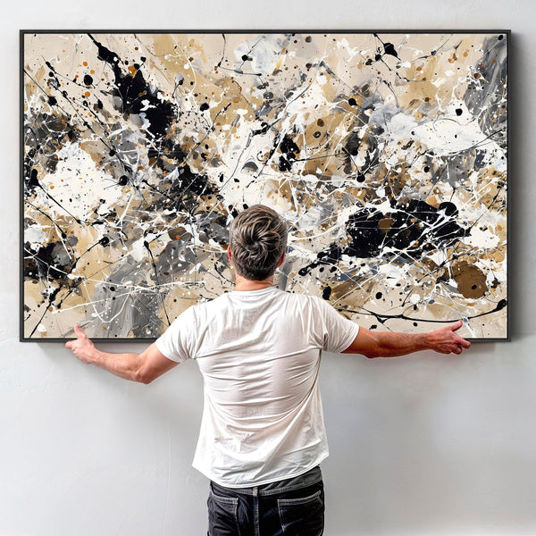 Neutral Black Jackson Pollock Style Abstract Artwork Framed Cream Impact
