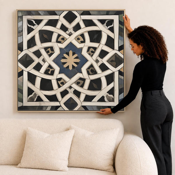 Black Cream Abstract Geometric Framed Wall Art Canvas - Medina
