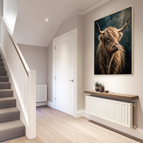 Bonnie - Blonde Highland Cow - Teal Framed Canvas Wall Art