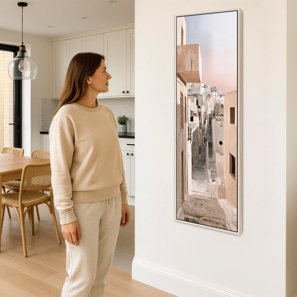 Tall Neutral Cream Framed Wall Art Canvas Narrow Greek Passage