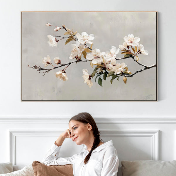 Large Cream Grey Framed Scandi Canvas Wall Art Spring Blossom