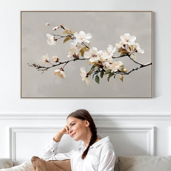 Large Cream Grey Framed Scandi Canvas Wall Art Spring Blossom