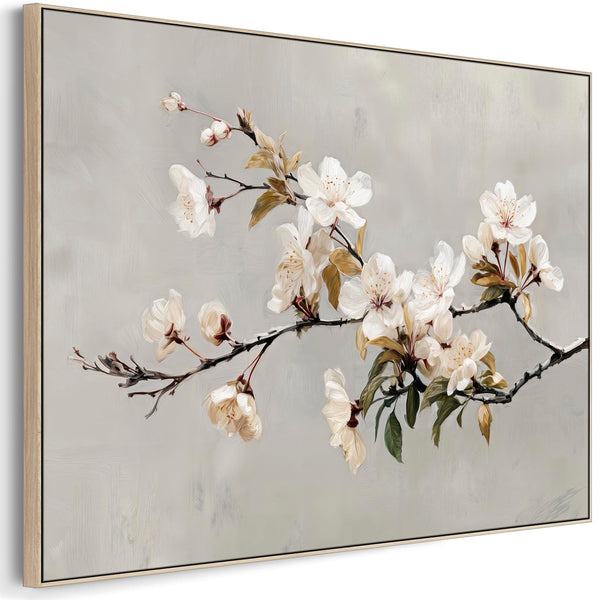 Large Cream Grey Framed Scandi Canvas Wall Art Spring Blossom