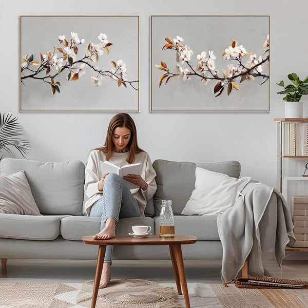Large Grey Cream Living Room Framed Pair Canvas for over Sofa