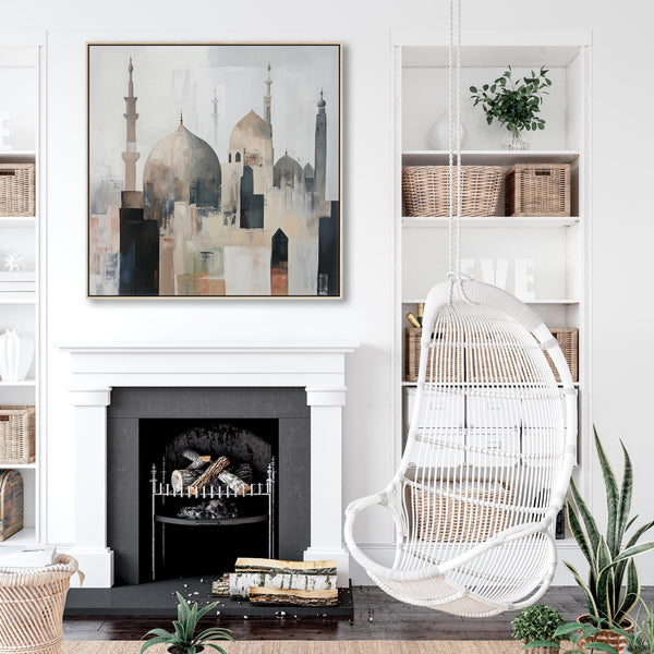 Neutral Grey Modern Framed Islamic Wall Art - Abstract Mosque