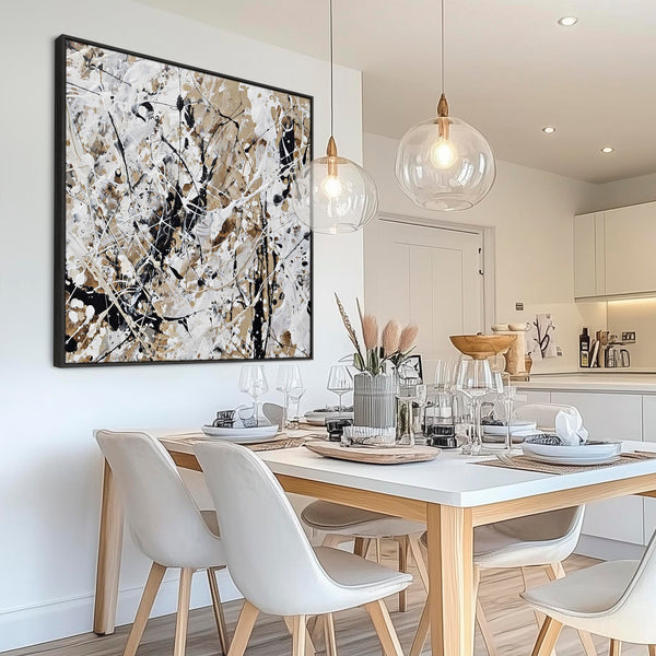 Cream Black Jackson Pollock Style Abstract Artwork Framed Neutral Impact