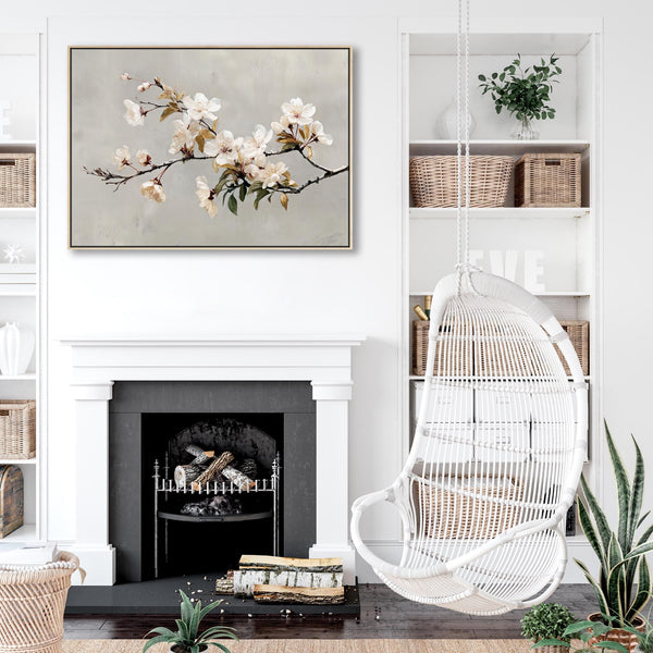 Large Cream Grey Framed Scandi Canvas Wall Art Spring Blossom