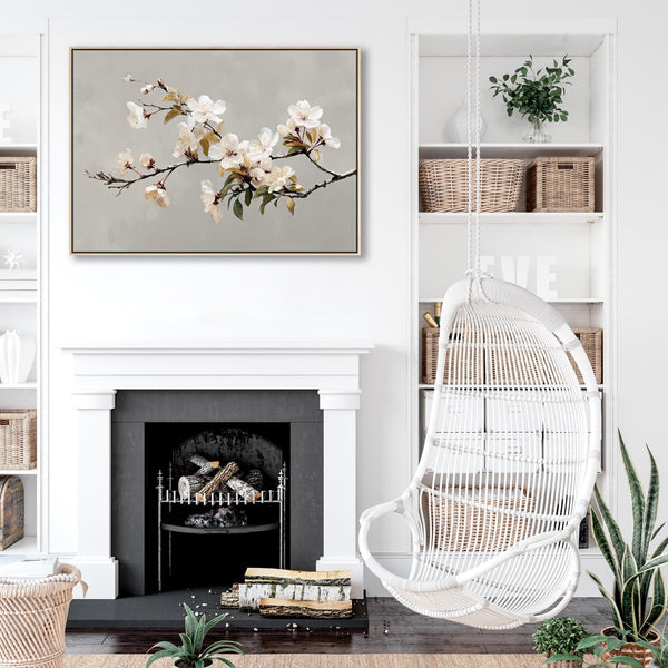 Large Cream Grey Framed Scandi Canvas Wall Art Spring Blossom