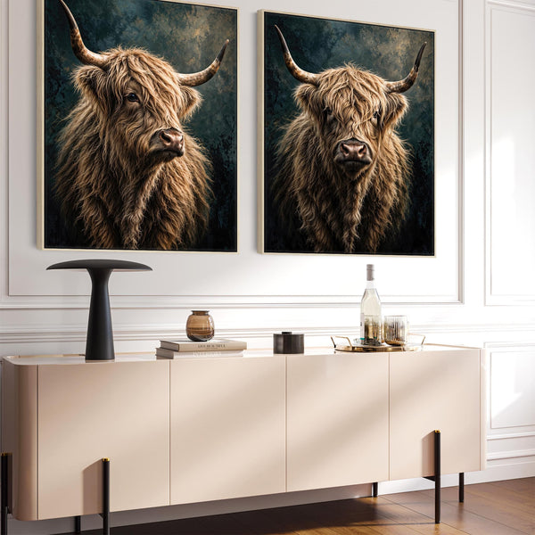 Lassies - Highland Cows - Emotive Pair Framed Artwork on Canvas