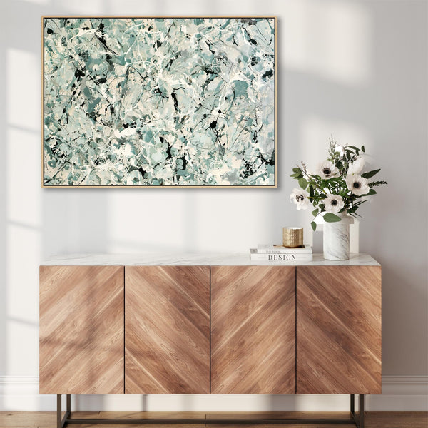 Light Sage Green Abstract Framed Art Jackson Pollock Inspired