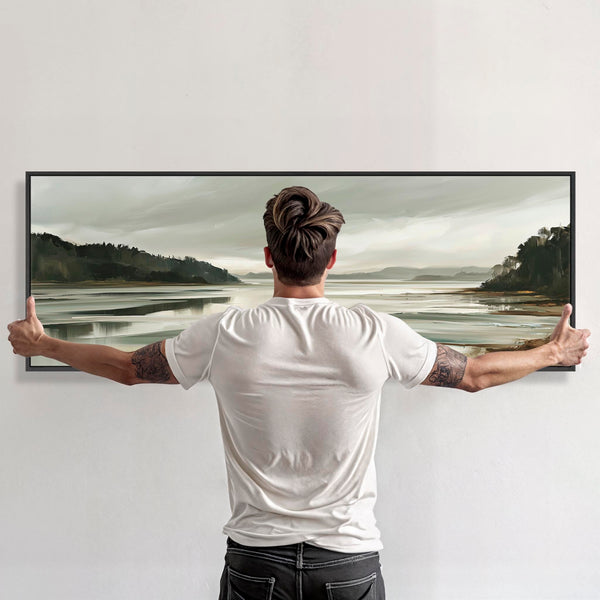 Wide Sage Green Grey Framed long Canvas Print - Alnmouth Drift