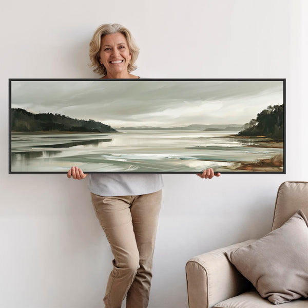 Wide Sage Green Grey Framed long Canvas Print - Alnmouth Drift