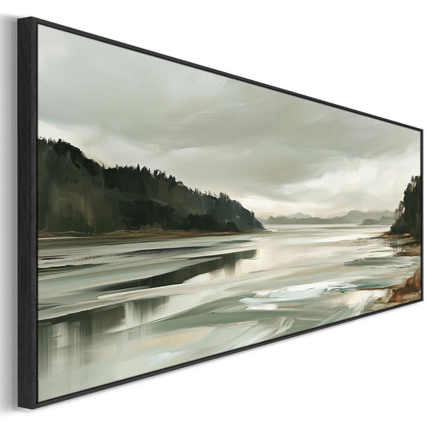 Wide Sage Green Grey Framed long Canvas Print - Alnmouth Drift