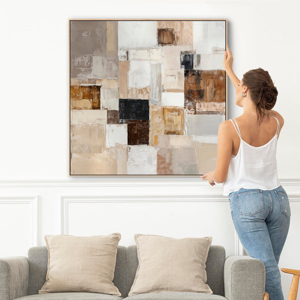 Large Square Brown Cream Framed Canvas Artwork - Oak & Ivory