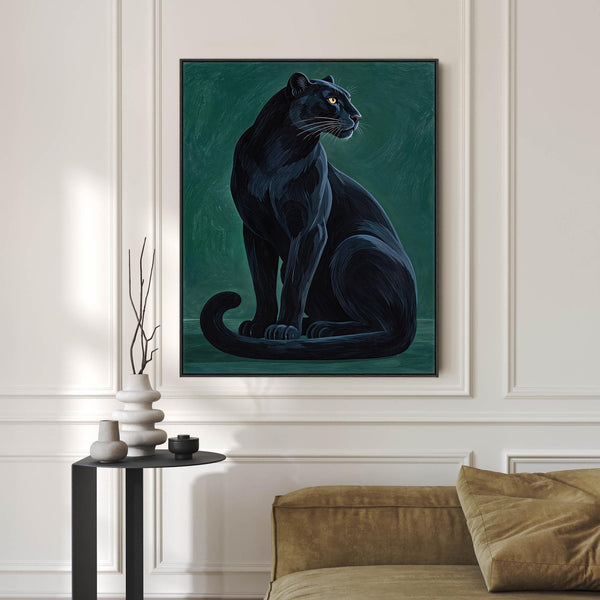 Noir - Black & Emerald Green Panther Cat Framed Wall Art Canvas