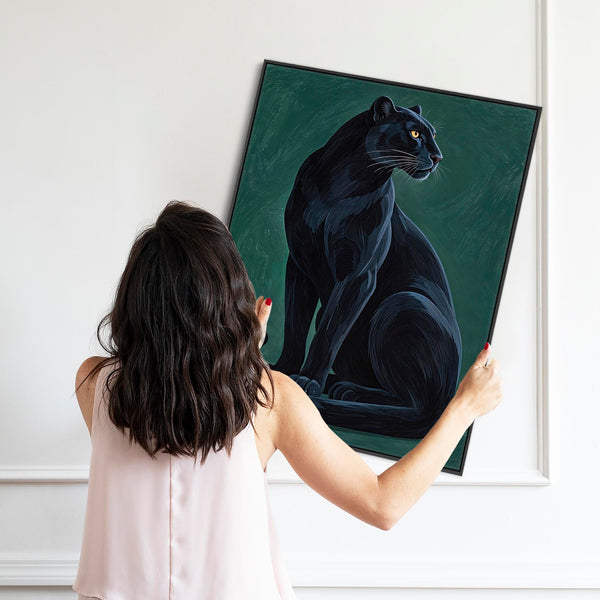 Noir - Black & Emerald Green Panther Cat Framed Wall Art Canvas