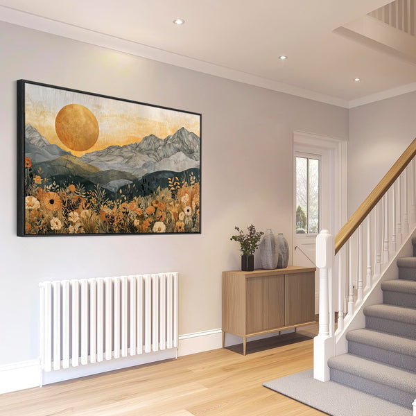 Large Boho Framed Canvas Art Ochre Abstract Landscape - Dawn