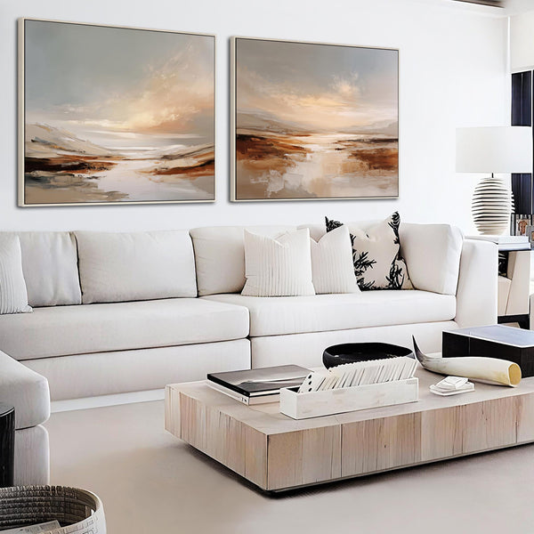 Large Living Room Framed Artwork Pair of Canvas - Ochre Shores - Set of 2