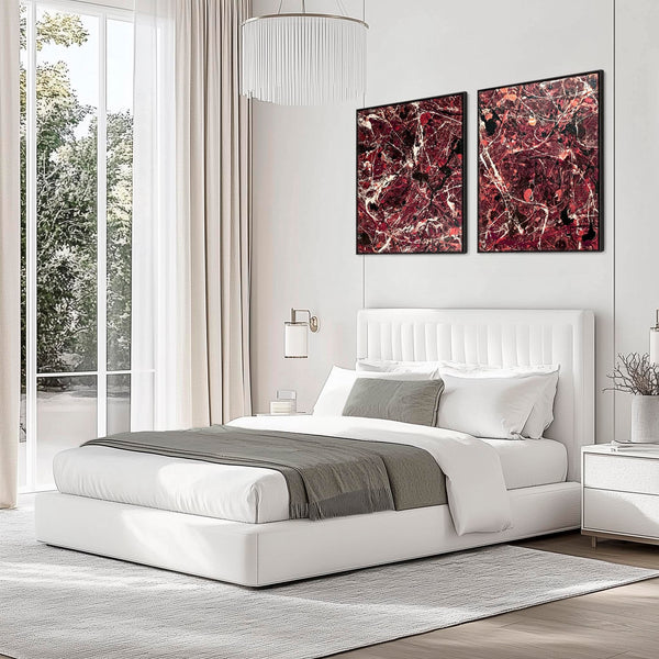 Pair XL Burgundy Framed Wall Art Abstract Expression Set 2
