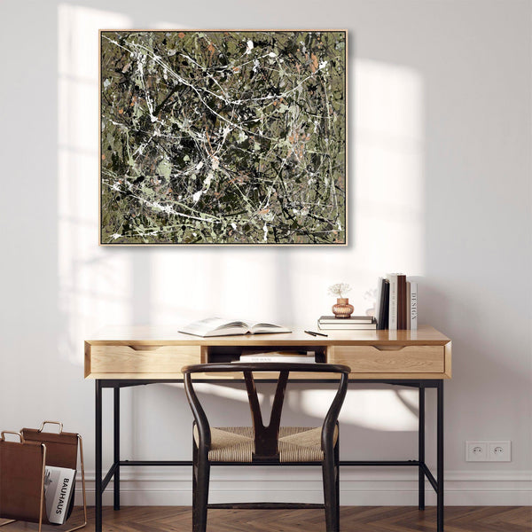 Olive Sage Green Abstract Framed Canvas - Jackson Pollock Style