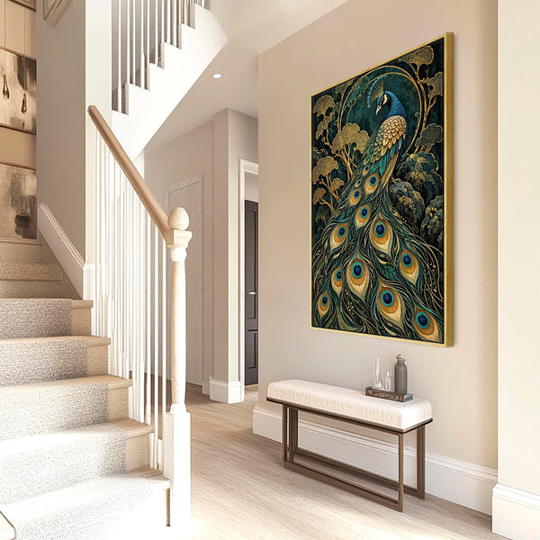 Opulence - Teal & Gold Peacock - Art Nouveau Framed Wall Canvas