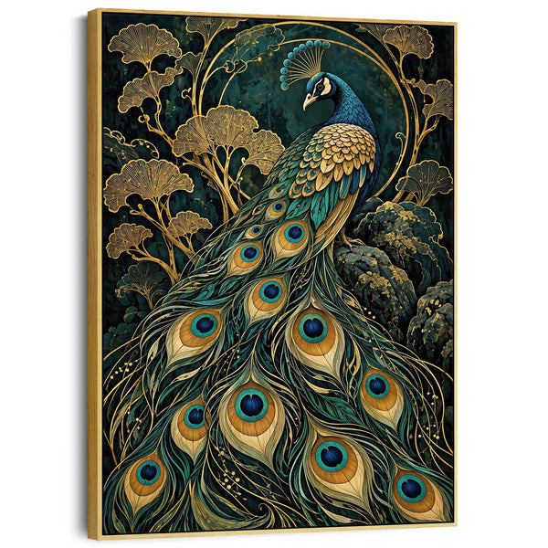 Opulence - Teal & Gold Peacock - Art Nouveau Framed Wall Canvas